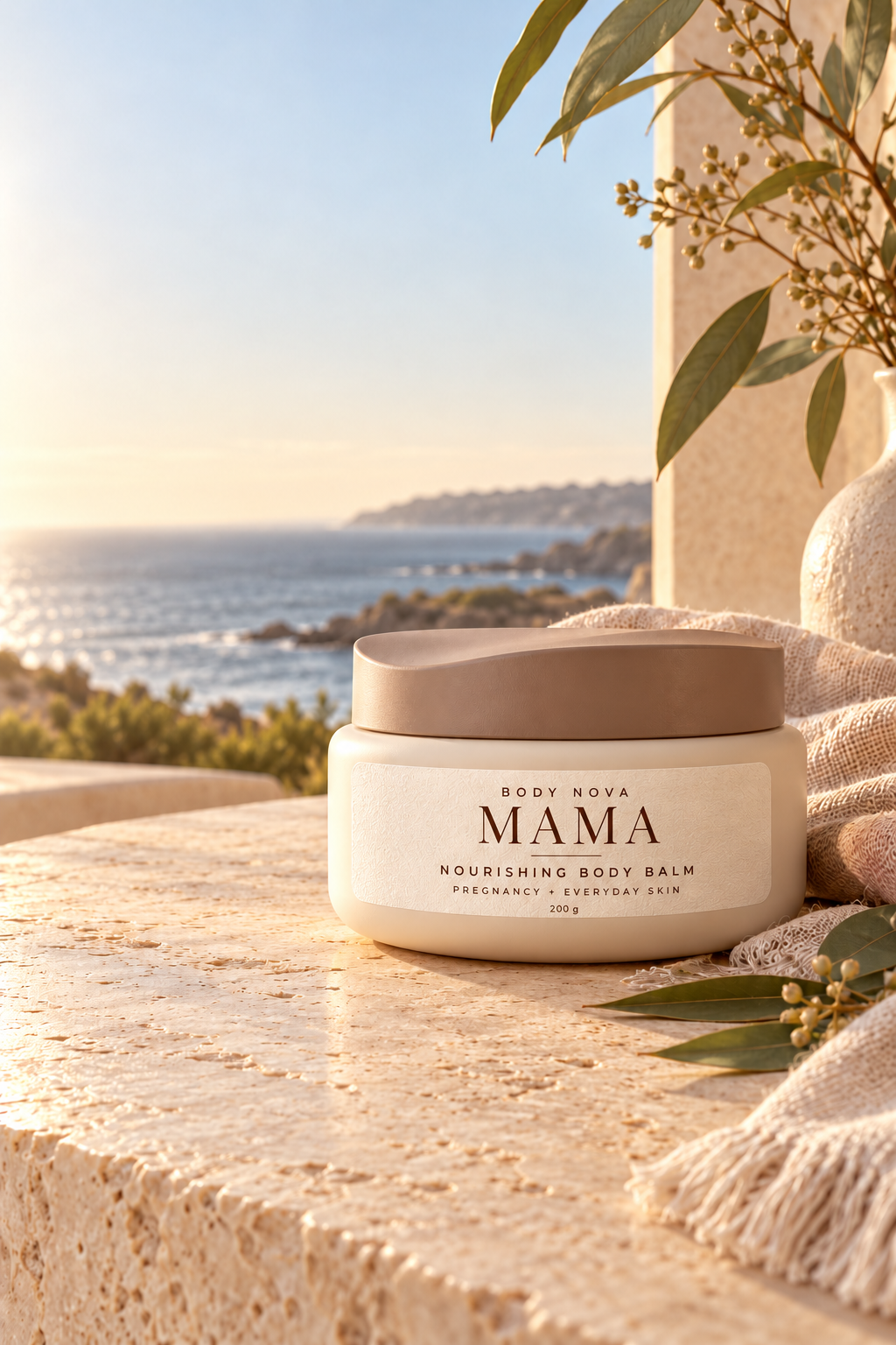 BodyNova MAMA Nourishing Body Balm in a coastal setting